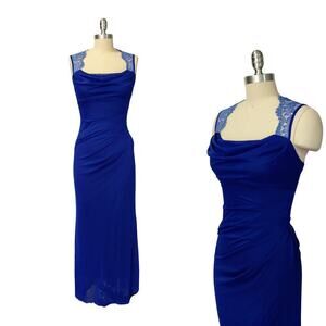 Vintage 90s Y2K Prom Dress Maxi Gown Size S Royal Blue Lace Sleeveless Formal